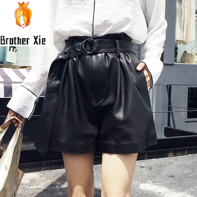 

Italian Designer Summer High Waist Shorts Women Punk Belted Loose Wide Leg Short Feminino Sheepskin Real Leather Trousers