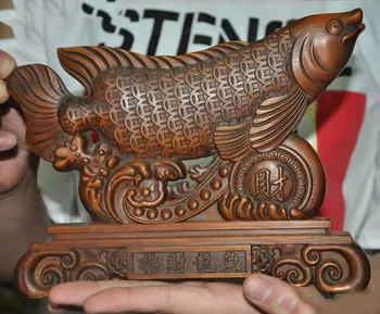

Wedding Decoration Chinese Fengshui Boxwood wood Carved Ruyi money coin Wealth Goldfish Fish Statue