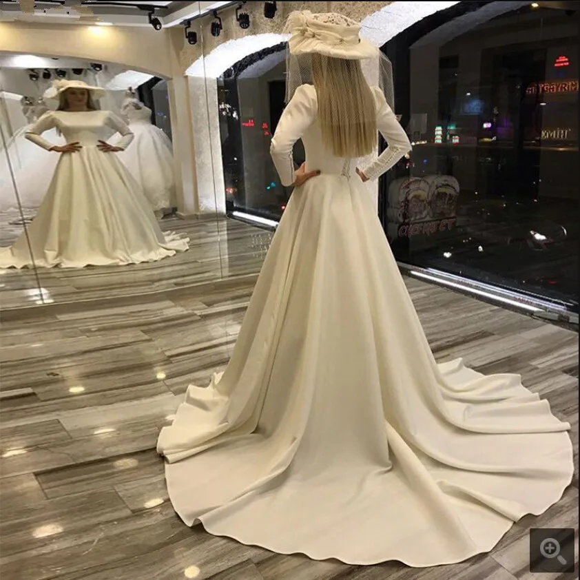 Скромное бальное платье с длинными рукавами, свадебные платья с глубоким вырезом, со шлейфом, элегантные мусульманские женские свадебные платья