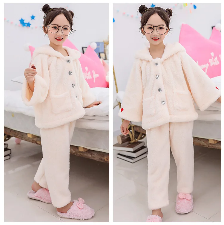 Детский зимний пижамный комплект; детская одежда для сна; теплая Фланелевая пижама с длинными рукавами; плюшевая теплая домашняя одежда для девочек; плотный домашний костюм