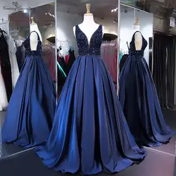 Темно-синие вечерние платья с низким вырезом на спине длинные со стразами глубокий v-образный вырез А-силуэта атласное вечернее платье для
