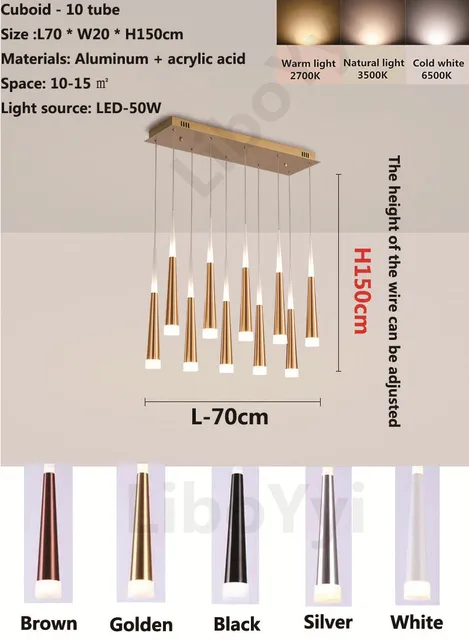 Modern Design Gold Black Minimalist Luster LED Chandelier for Bedroom Dining Living Room Loft Restaurant Cafe Interior Home Deco long-10 tube