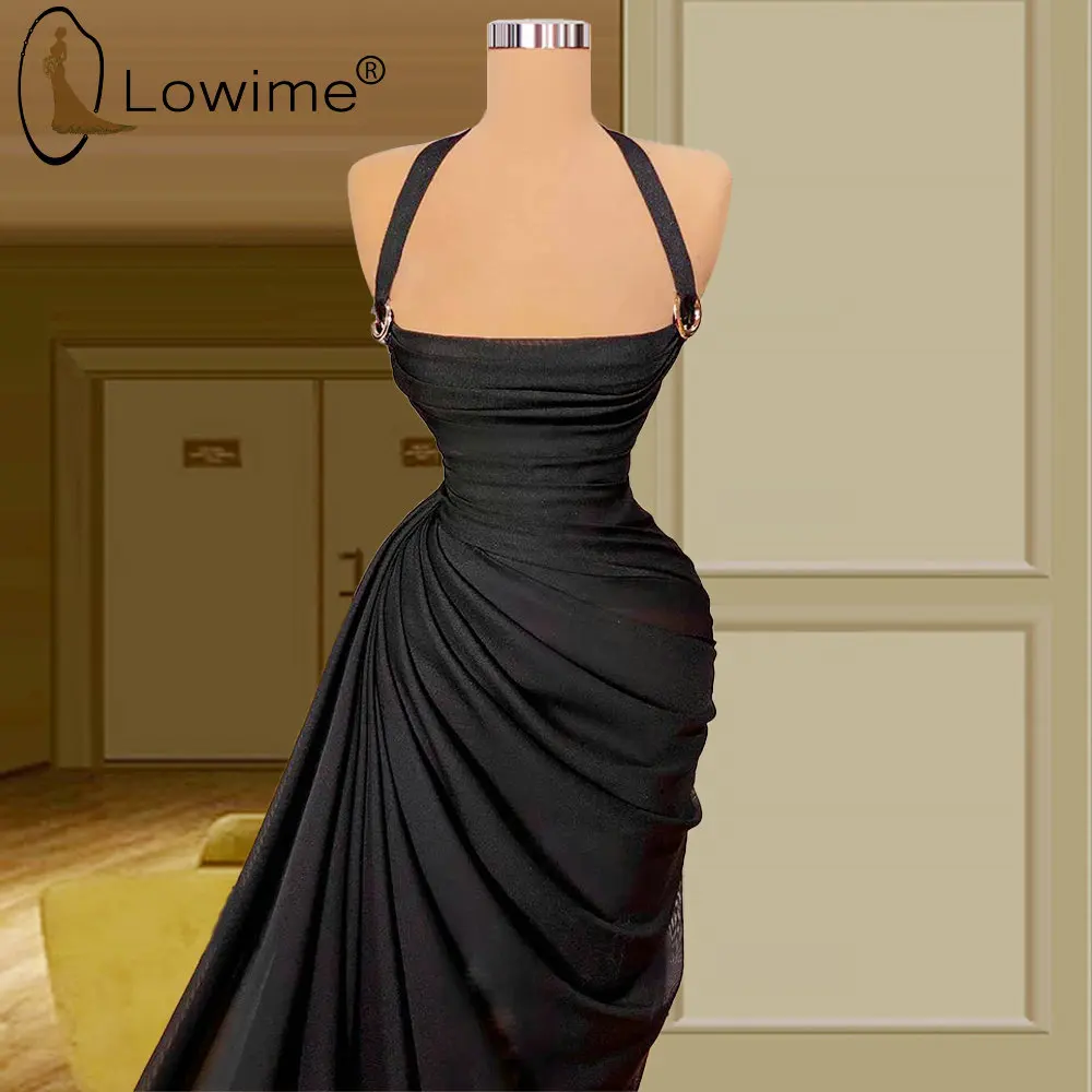 

Simple Black Halter Neck Long Evening Dresses 2021 Mermaid Satin Wedding Party Gowns Robes Formal Women Wear