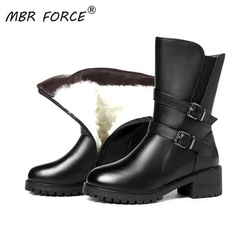 

MBR FORCE Women Mid Calf Boots Genuine Leather Wool Warm Big Size 41 42 43 Boots Women Winter Shoes High Quality For Woman Boots