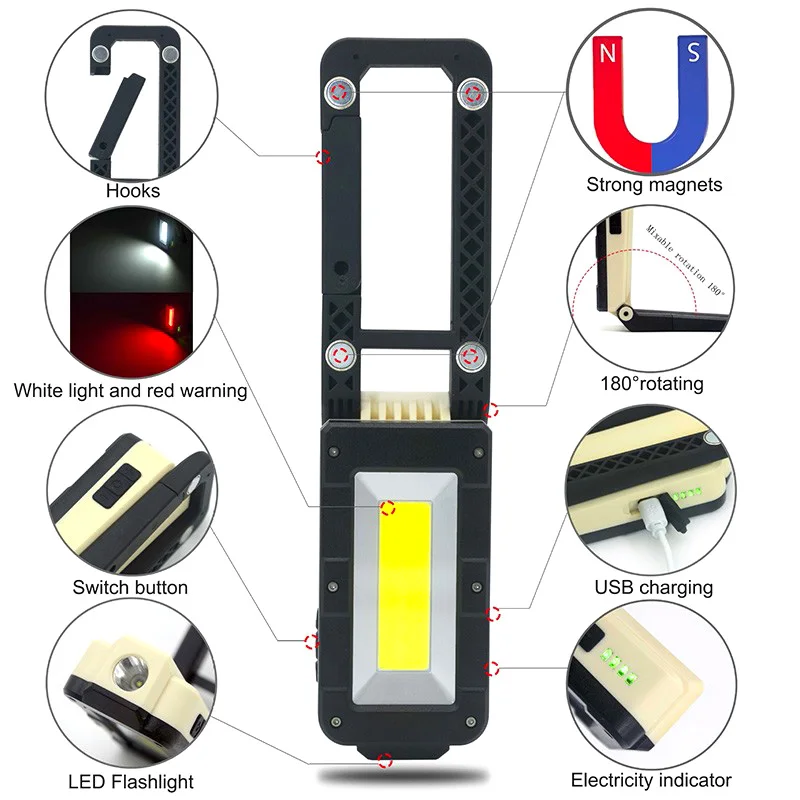 Светодиодный COB USB Перезаряжаемый Магнитный светильник-вспышка, складная инспекционная лампа, 4 режима работы, светильник с сильным магнитом, аварийная лампа для кемпинга