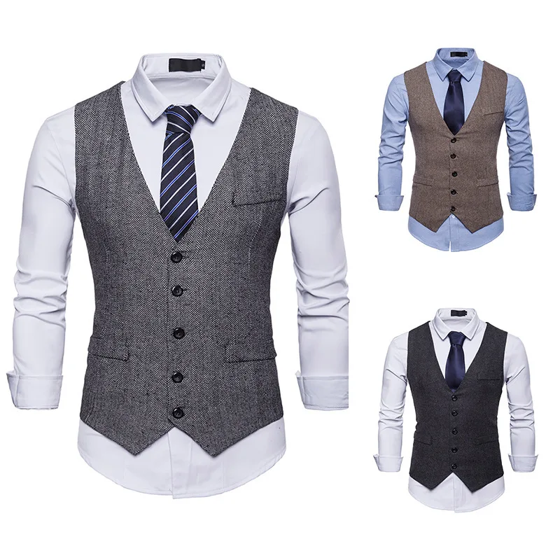 Men's Herringbone Single Breasted Waistcoat Sportsman Suit Vest M37