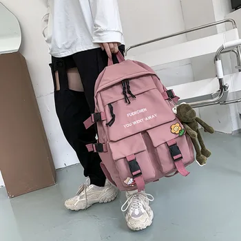 

2020 new nylon solid color Female college student backpack simple casual letter outdoor backpack High school student schoolbag