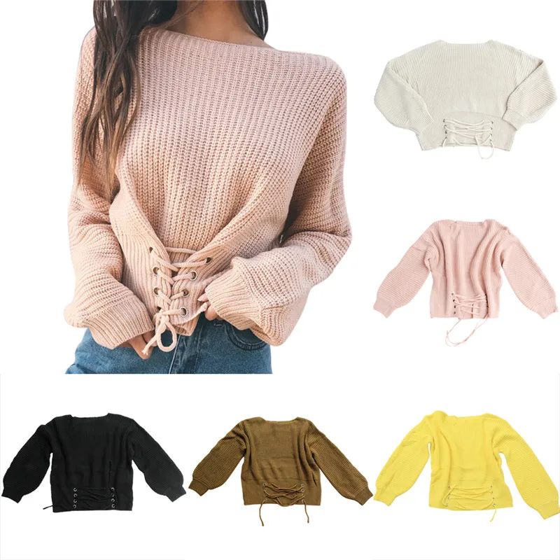 Women Knitted Sweaters Pullovers Solid color ladies Jumper Adjust Waist Bandage Sweater