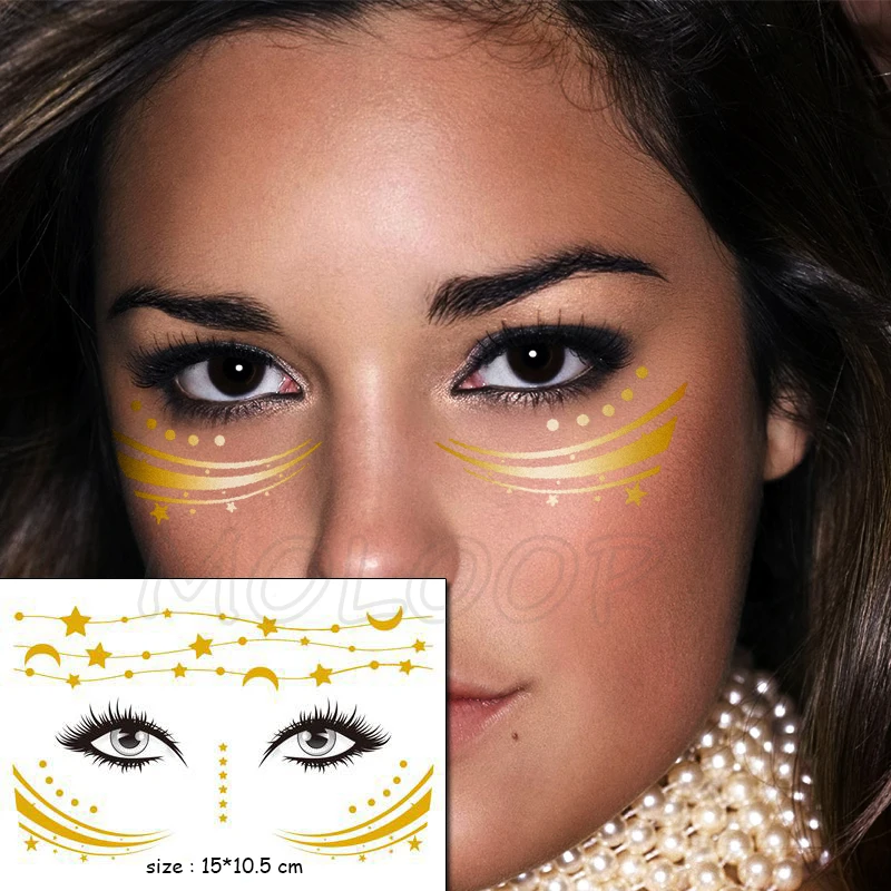 

Temporary Tattoo Sticker Gold Face Moon Star Chain Waterproof Freckles Makeup Eye Decal Body Art for Girl Kid 07