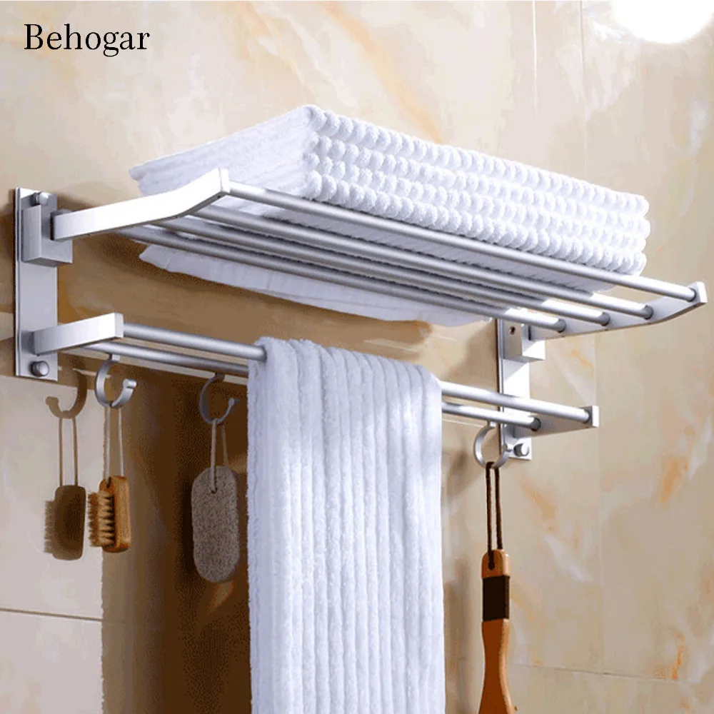 

Behogar 40cm Foldable Bathroom Shower Wall Mounted Dual Layer Space Aluminum Towel Storage Shelf Holder Stand Rack with Hooks