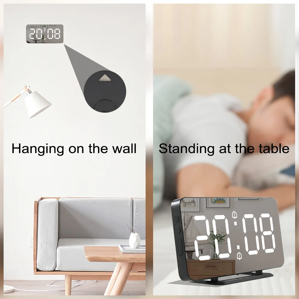 Mirror Digital Alarm Clock LED Electronic Temperature Wall Table Snooze Clocks USB Multifunction Watch Nightlight Home Office