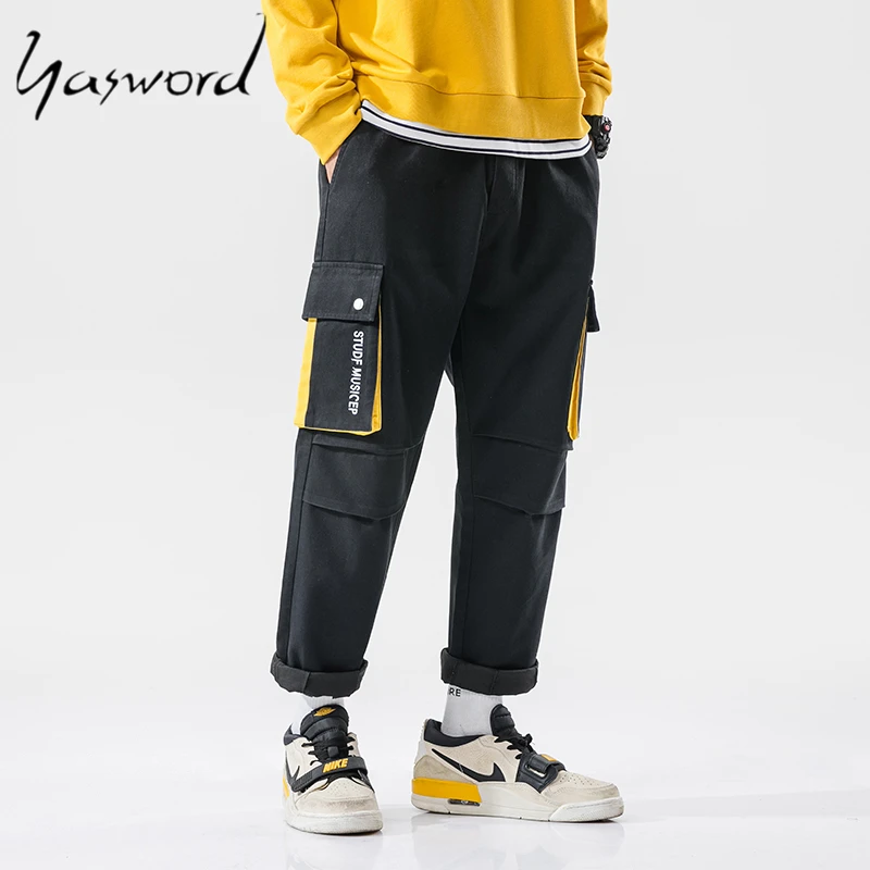 Yasword Men Pants Trousers Straight Ankle-Length Solid Color Casual Fashion Loose Male Elastic Waist Clothing Streetwear