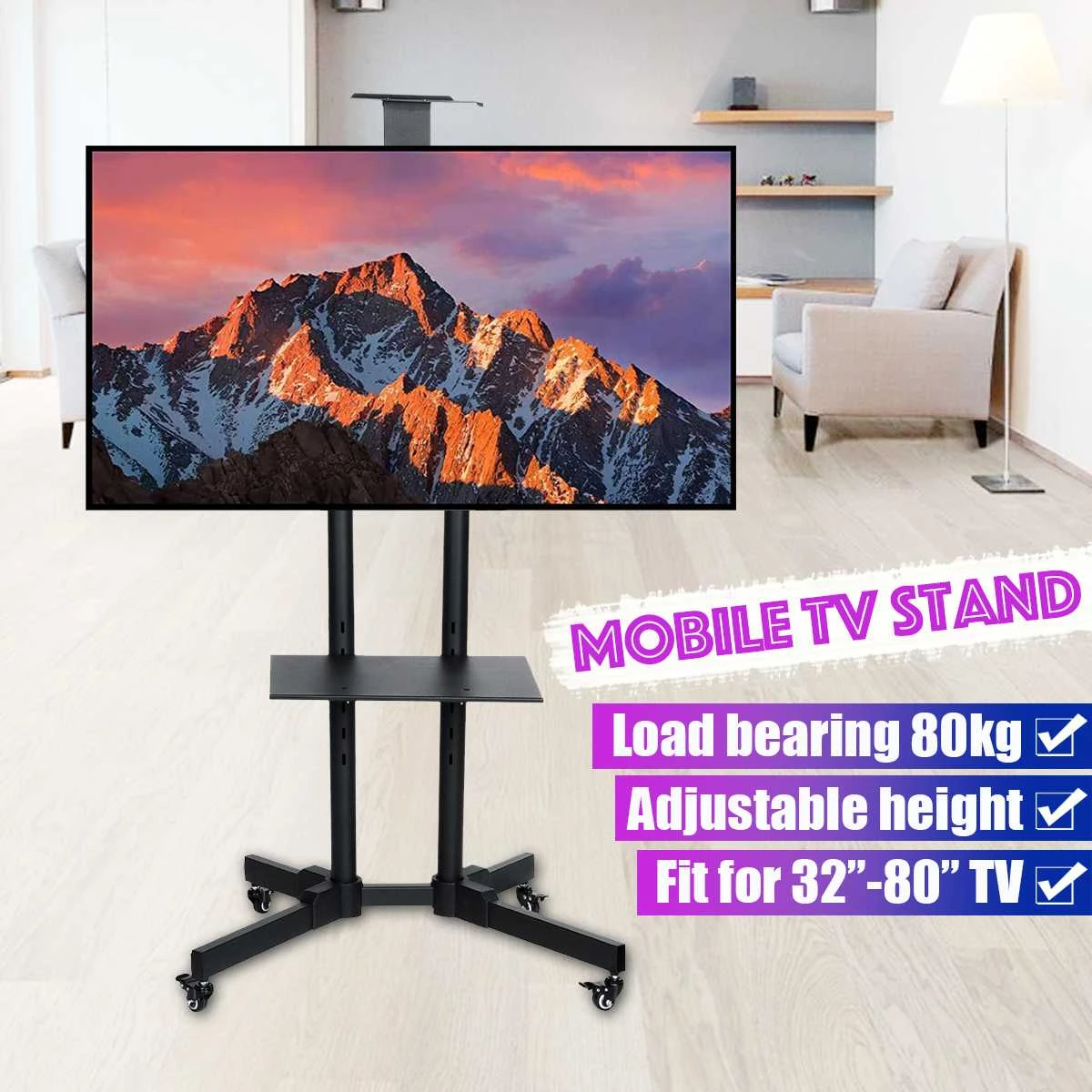 Soporte para Tv, mueble de sala de estar para Tv de pantalla de 32 80, soporte de suelo con carga de hasta 80kg, soporte móvil para con ruedas|Soporte de