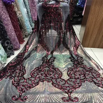 

(5 yards / batch) 2020 new high-quality jade wine red African tulle lace French mesh lace fabric and sequins as evening dresses