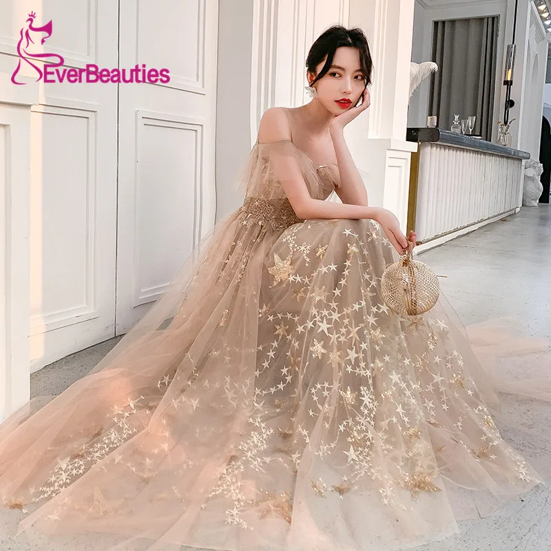 Vestidos De Gala, платья для выпускного вечера с блестящими звездами, Длинные тюлевые аппликации с блестками, Robe De Soiree Vestido Formatura