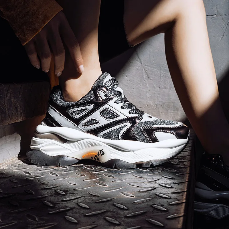 

INS Thick Bottomed Platform Shoes Genuine Leather Sequin Casual Shoes 2019 Autumn & Winter Lace up Front Semi-high Heeled WOMEN'