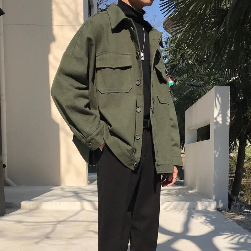Tooling Jacket Men's Fashion Solid Color Casual Cotton Jacket Man Streetwear Wild Hip Hop Loose Bomber Jacket Male Clothes - Цвет: Army green
