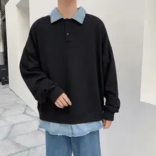 Spring Fake Two Polo Hoodie Men's Fashion Solid Color Casual Sweatshirt Men Streetwear Wild Loose Hip Hop Hoodies Mens M-2XL