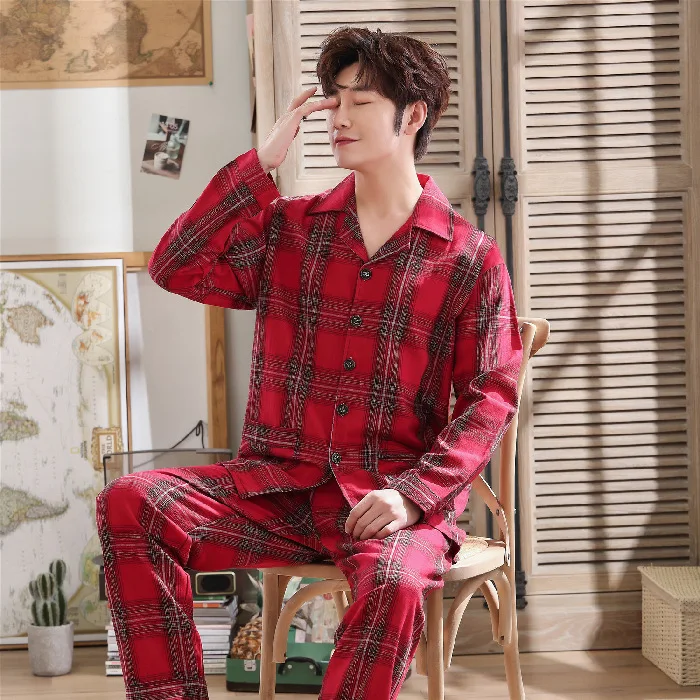 

Autumn New Style Simple Casual MEN'S Pajamas Suit Comfortable Fold-down Collar Yarn Dyed Cotton Plaid Long Sleeve Tracksuit