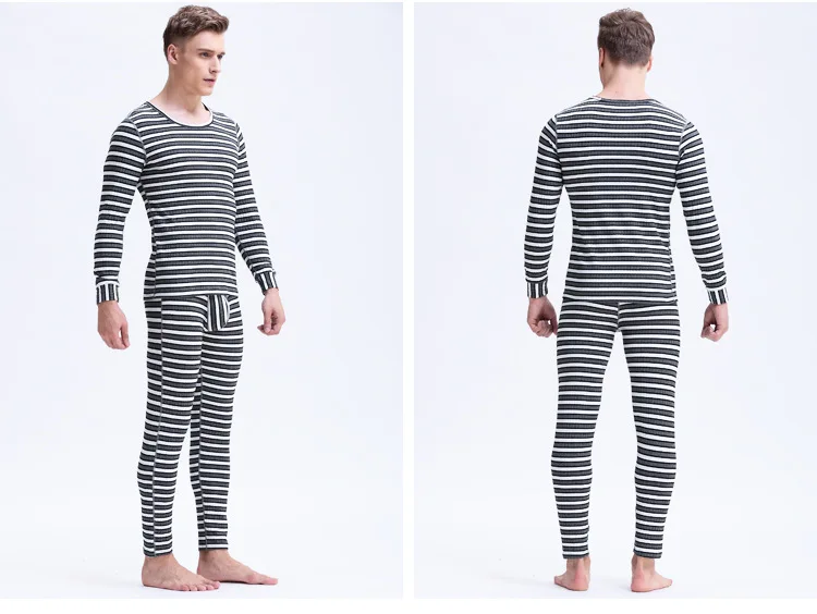 Aismz Winter Mens Warm Thermal Underwear Mens Thermo Sexy Fashion Striped Thermal Underwear Sets Cotton Long Johns for Man