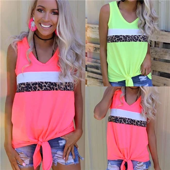 

1PC Women Fluorescent Green Red Casual Loose Sleeveless Polyester Vest Ladies Tank T Shirt Blouse Tops Lace up Leopard Print