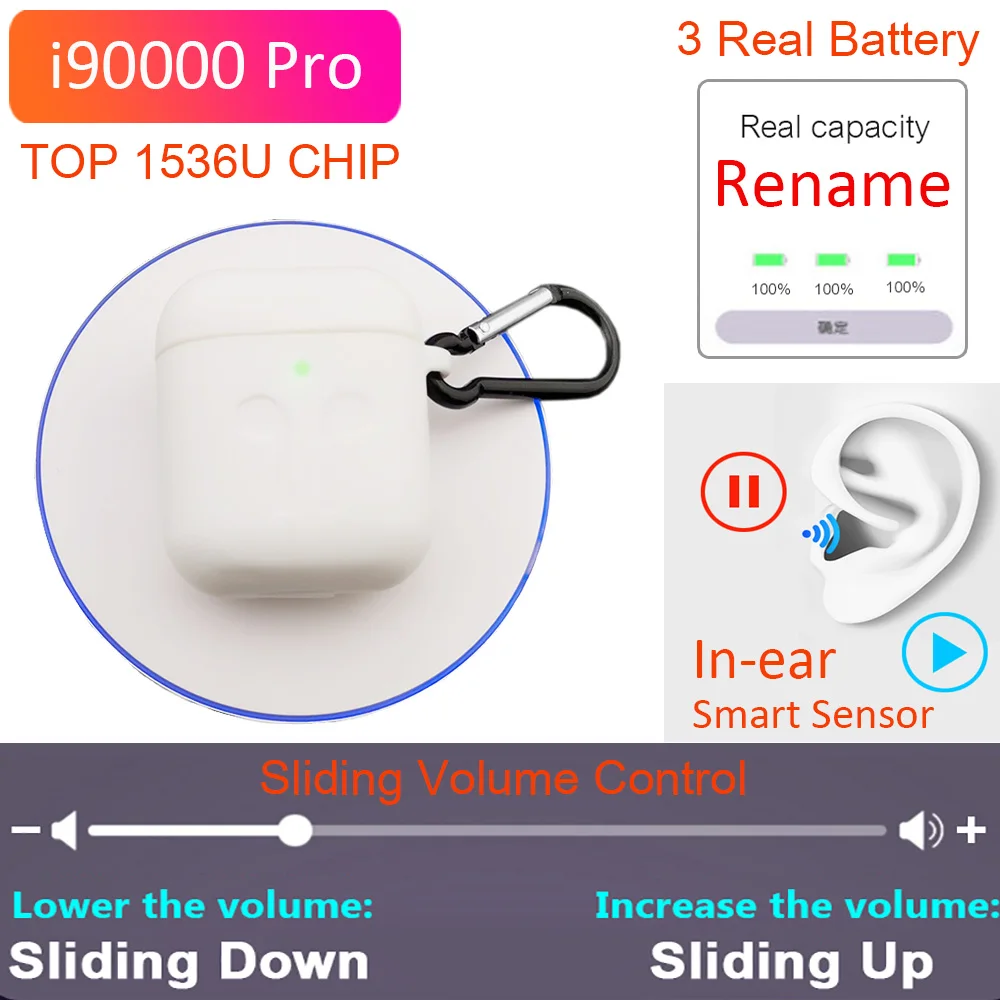 Беспроводные Bluetooth наушники Rename i90000 Pro tws Arie 2, скользящие наушники с регулятором громкости, 8D, супер бас наушники pk i5000 i9000 i50000 tws