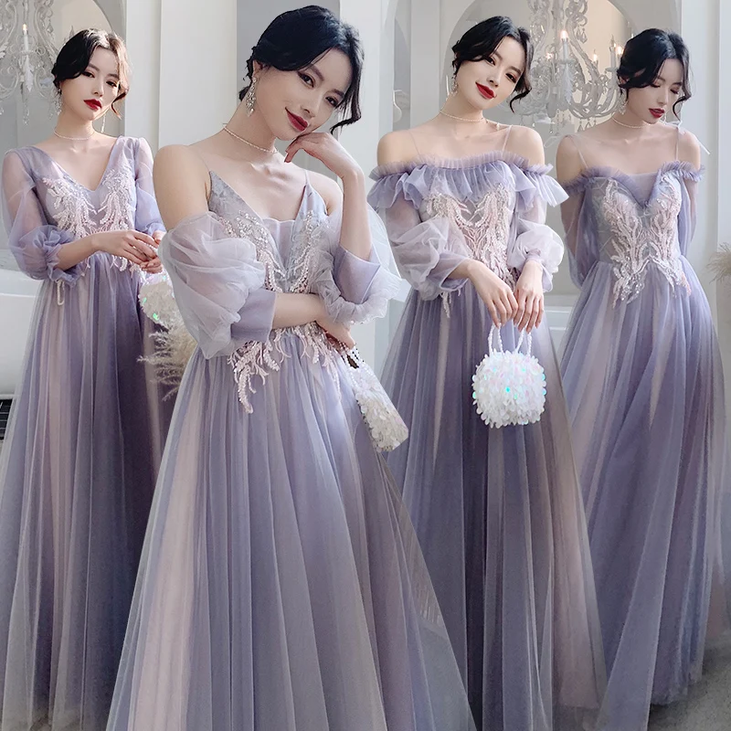 New Purple Bridesmaid Party Dresses 2021 Long Elegant Tulle With Sleeves A line Mismatched Prom dress Formal Party Wedding