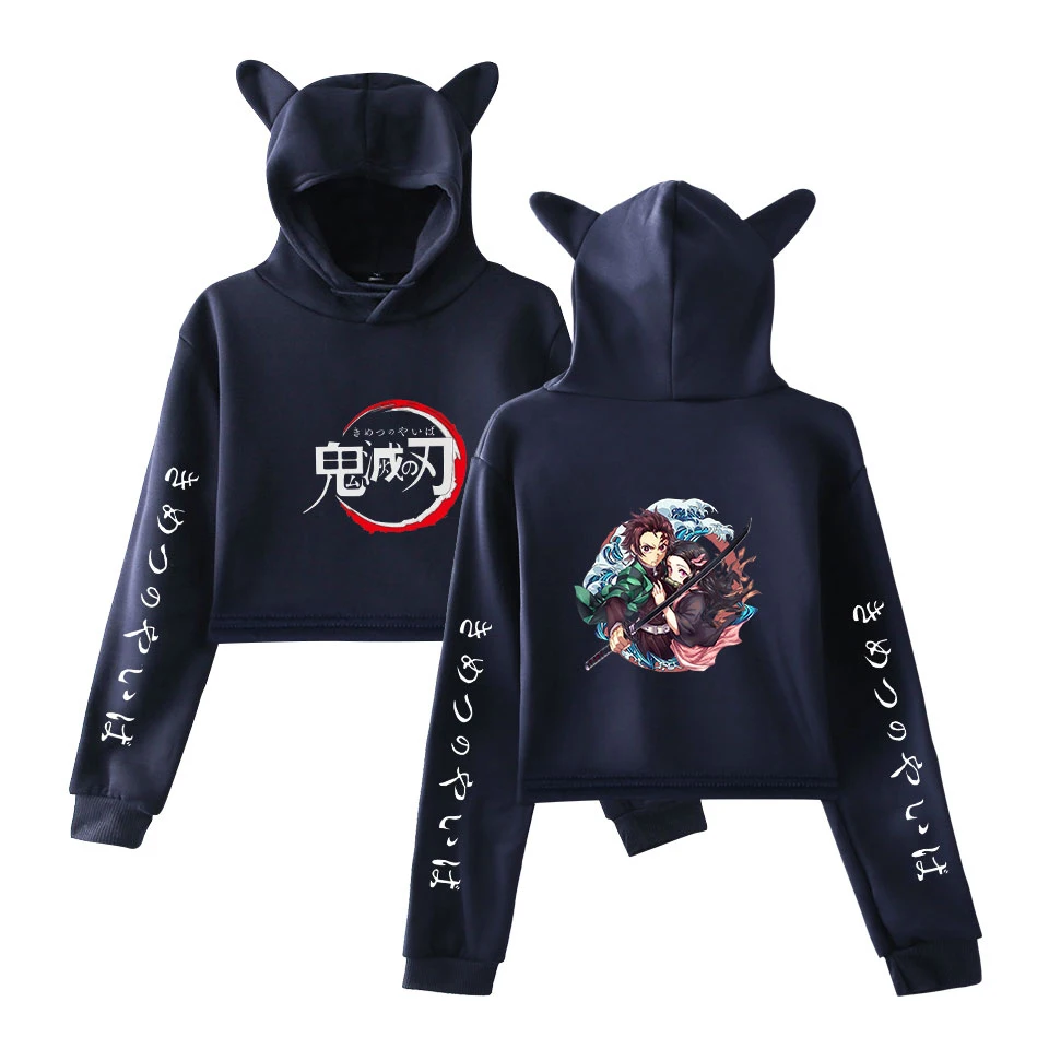 Demon Slayer сексуальные толстовки с принтом женские Забавный короткий кошачий Топ Kawaii толстовки Толстовка Kimetsu no Yaiba одежда размера плюс
