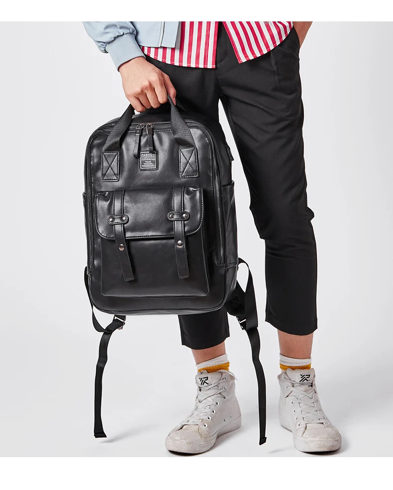 New Large Travel Backpack Teenagers School Book Bag Cowhide PU Leather Male Leisure Bag Men Laptop 14" Backpack