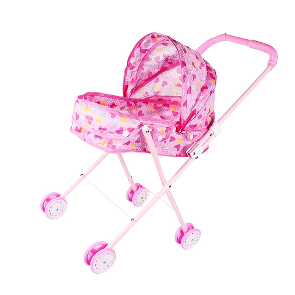 Mini Plastic Baby Push Cart Pushchair Dolls Accs Kids Pretend Play Toy Heart
