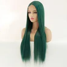 2" дюймовый темно-зеленый ручной работы термостойкие волокна волос парики Glueless длинные шелковистые прямые синтетические кружева передние парики для женщин