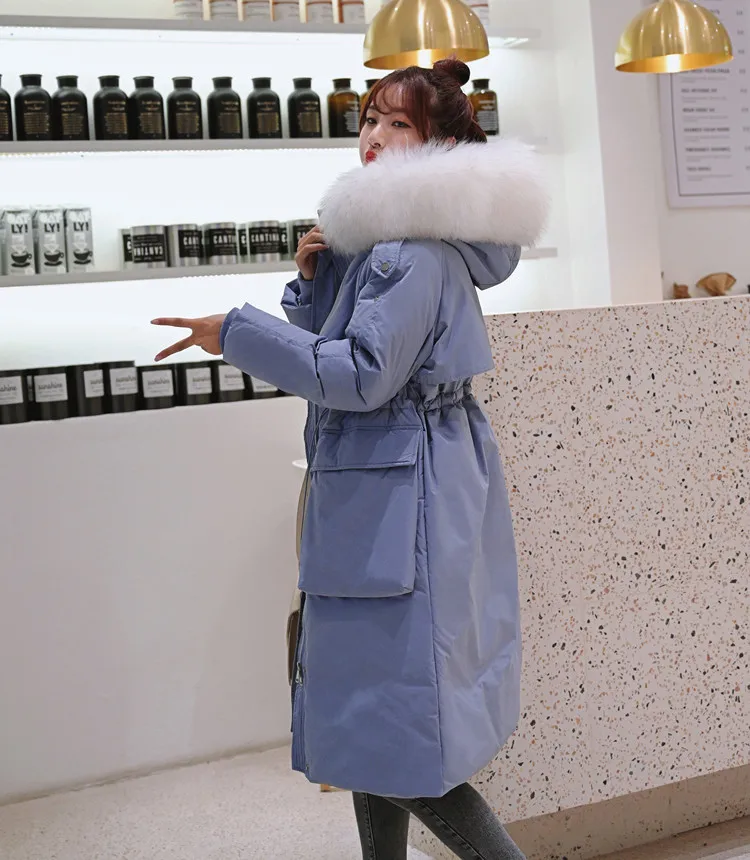 Dongdaemun стиль пуховик женский средней длины выше колена корейский стиль большой меховой воротник толстое пальто белый утиный пух