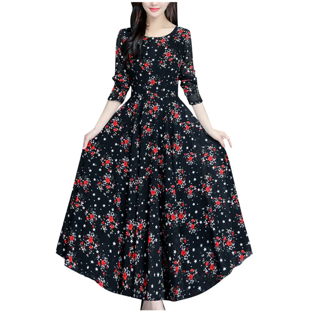 

Bohemian Plus Size Dresses Woman Party Night Floral Print Vintage Autumn Dress Women Long Sleeve Elegant Long Maxi Dress Vestido