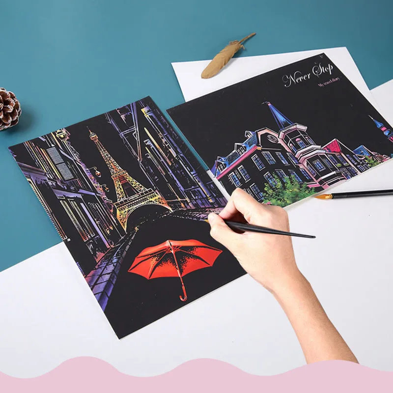 

4 Pcs/Set DIY Manual Scraping Paintings 21x29CM A4 Colorful Cartoon City Night View Magic Scratch Art Painting Paper Drawing Toy