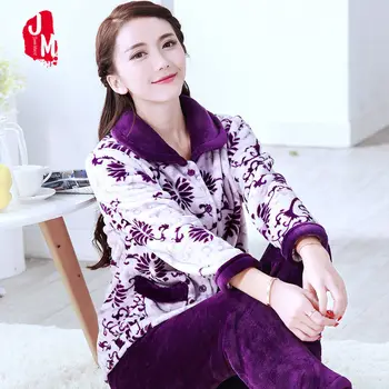 

Winter Women's Pajamas Set Warm Flannel Pajamas for Women Long Sleeves Coral Fleece Pyjama Female Autumn Print Soft Home Wear
