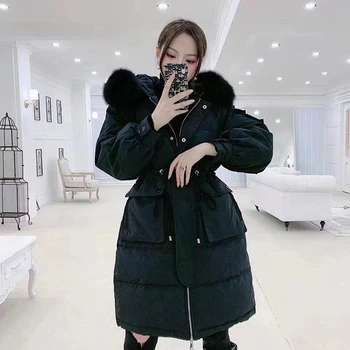 

2020 Winter Women's White Duck Down Coat Warm Thick Big Fur Collar Zipper Long Down Parkas Snow Hooded Outwear Abrigo Mujer M279