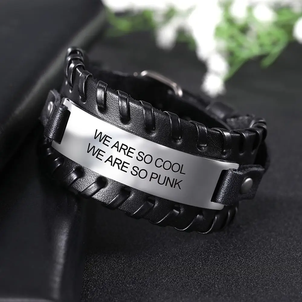 My Shape Stainless Steel Men Bangle We are So Cool We are So Punk Jewelry for Man Genuine Leather Bracelet Snap Belt Bangle