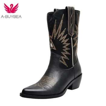 

Western Boots Women Autumn Winter Slip on Solid Color Boots Pointy Toe Cowboy Cowgirl Motorcycle Boots for Female