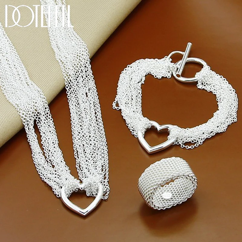 925 Sterling silver multi-line chain heart necklace bracelet network ring women wedding engagement party jewelry