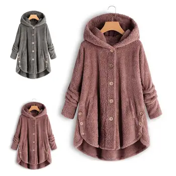 

Fashion Winter Thicken Women Solid Color Warm Plush Button Hooded Coat Jacket Irregular Outwear