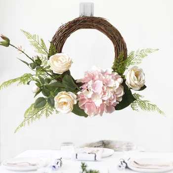 

Round Artificial Rose Flower Wreath Fake Hydrangea Floral Rattan Garland With Green Leaves For Door Wedding Decor