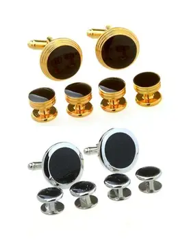 

5Sets/lot Silver/Gold Round Tuxedo Cufflinks Collar Studs 6pcs Set Black Enamel Cuff Links Stud Set Men's Jewelry Wholesale