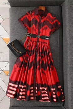 

Casual 100% Cotton Dress Women Runway Dress Fashion Casual Short Sleeve Print Dress