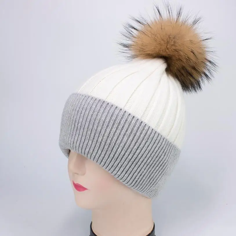 grey white gold YC Fur, зимние шапки, шапка s для женщин, двойные цвета, вязаные шерстяные шапочки, Skullies, с меховым помпоном большого размера, женская шапка - Цвет: grey white gold