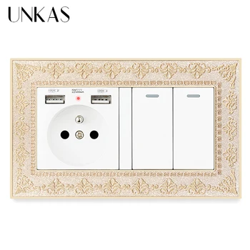 

UNKAS French Socket Dual USB Port + 2 Gang 1 / 2 Way On / Off Light Switch Soft LED Embossing Retro 4D Zinc Alloy Metal Panel