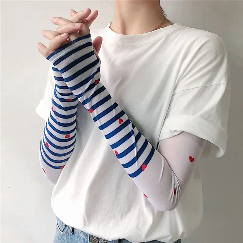 Women Girls Summer Ice Silk Arm Sleeves Cover Rainbow Colored Striped Harajuku Sun Protection Cooling Cycling Driving Gloves