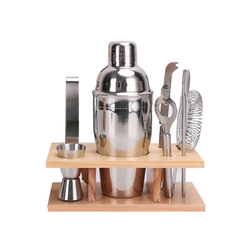 750ml 8pcs Коктейльный шейкер из нержавеющей стали, набор из 8 предметов с деревянной подставкой для бара, вечерние коктейльные шейкеры - Цвет: 750ml 8pcs