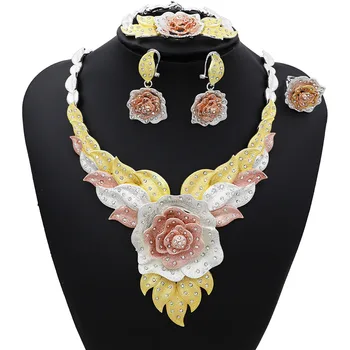 

TSROUND Dubai Rose Flower Lotus Jewelry Sets Wedding Accessories Bridal Necklace Bracelet Earrings Ring Set