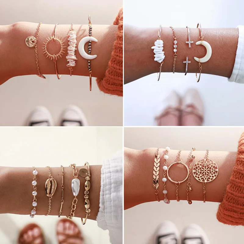 Bohemian Geometric Crystal Shell Multi Layer Bracelets Bangles