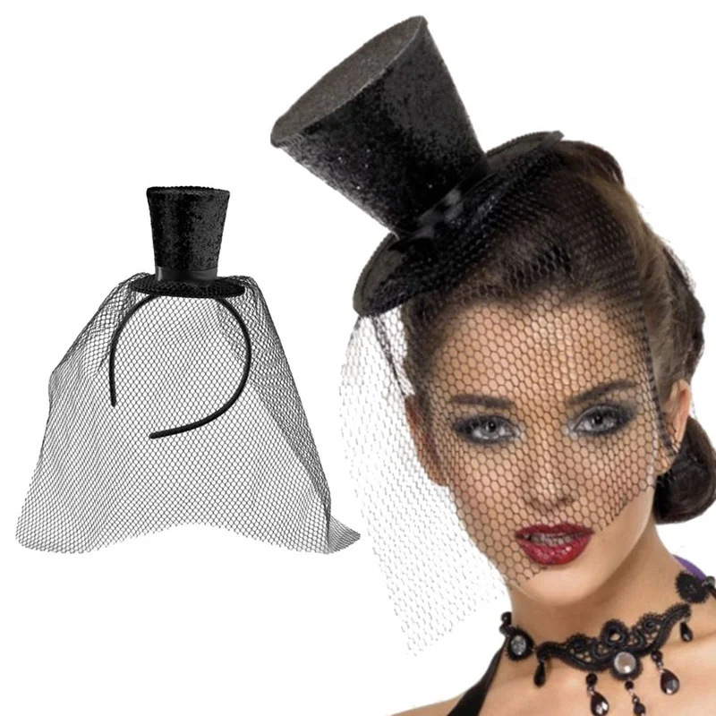 

Women Girls Red Sequin Black Mini Top Hat Hair Clip Hat Base DIY Craft Hair Accessories Carnival Wedding Party Carnival